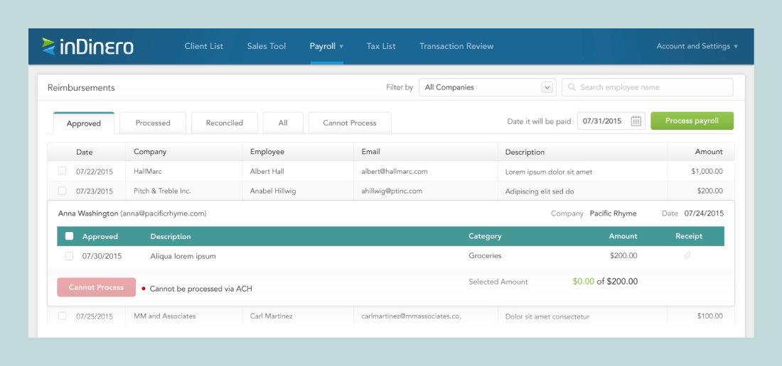 Reimbursement processing and payroll handoff